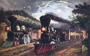 Fanny Palmer The Lightning Express Trains Leaving the junction oil painting
